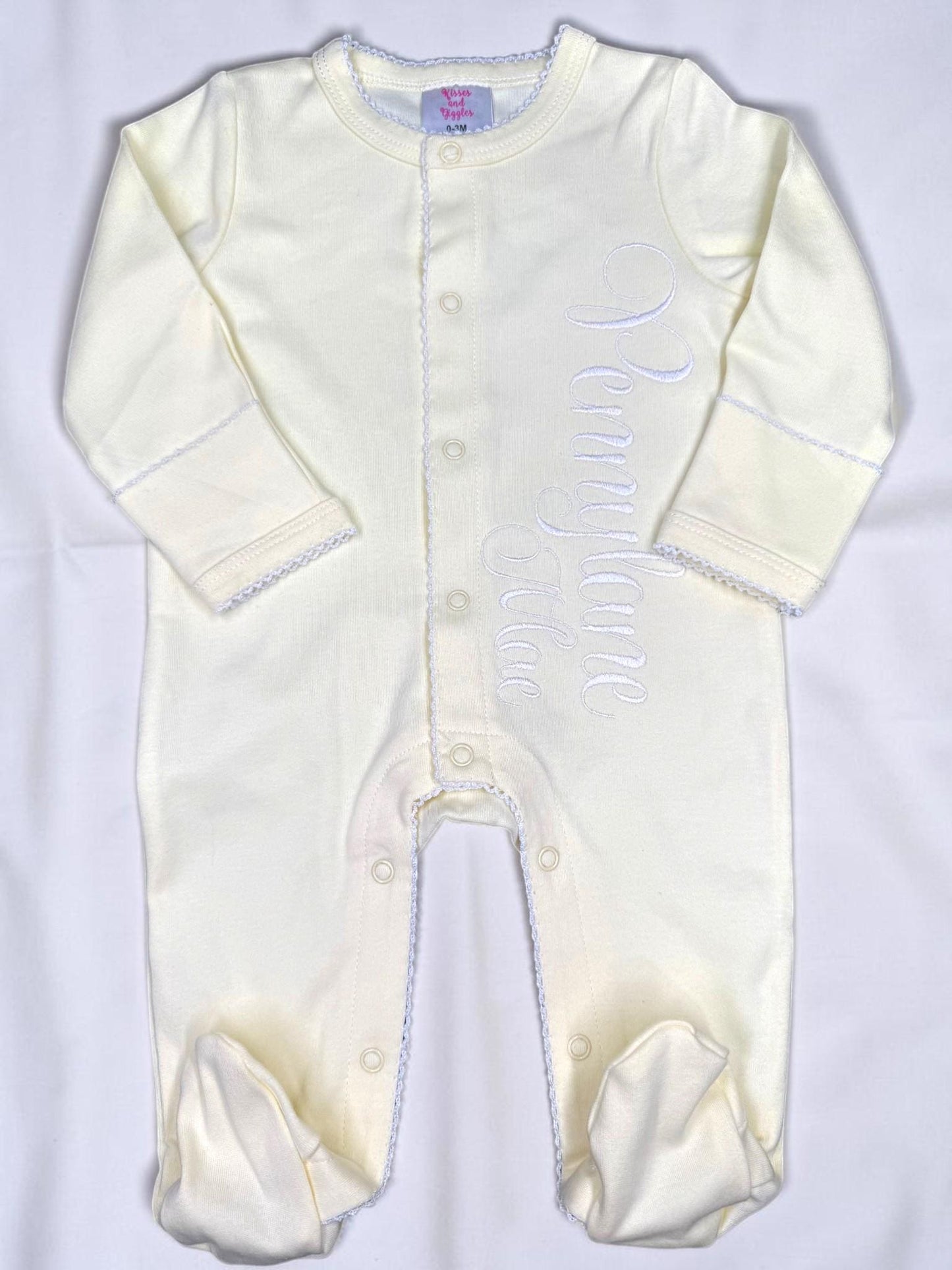 Personalized Baby Name Footie, White Picot Trim Footed Sleeper, Custom Newborn Coming Home Outfit, Baby Shower Gift, Newborn Layette