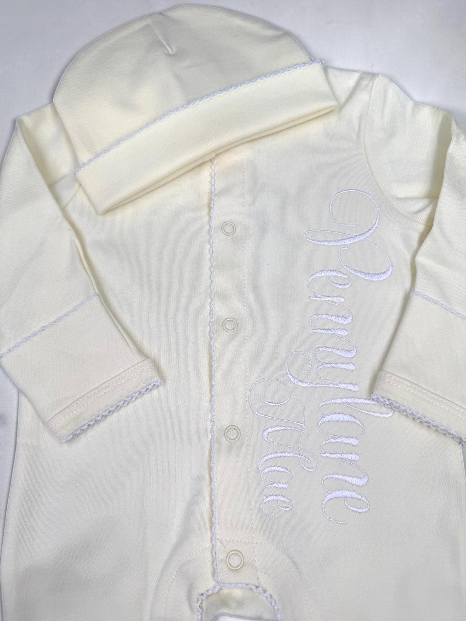 Personalized Baby Name Footie, White Picot Trim Footed Sleeper, Custom Newborn Coming Home Outfit, Baby Shower Gift, Newborn Layette