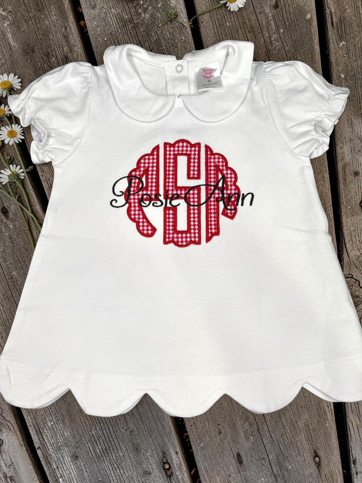 Personalized Monogram Scallop Short Set | Girls Boutique Outfit | Embroidered Name Shirt | Red Gingham Shorts