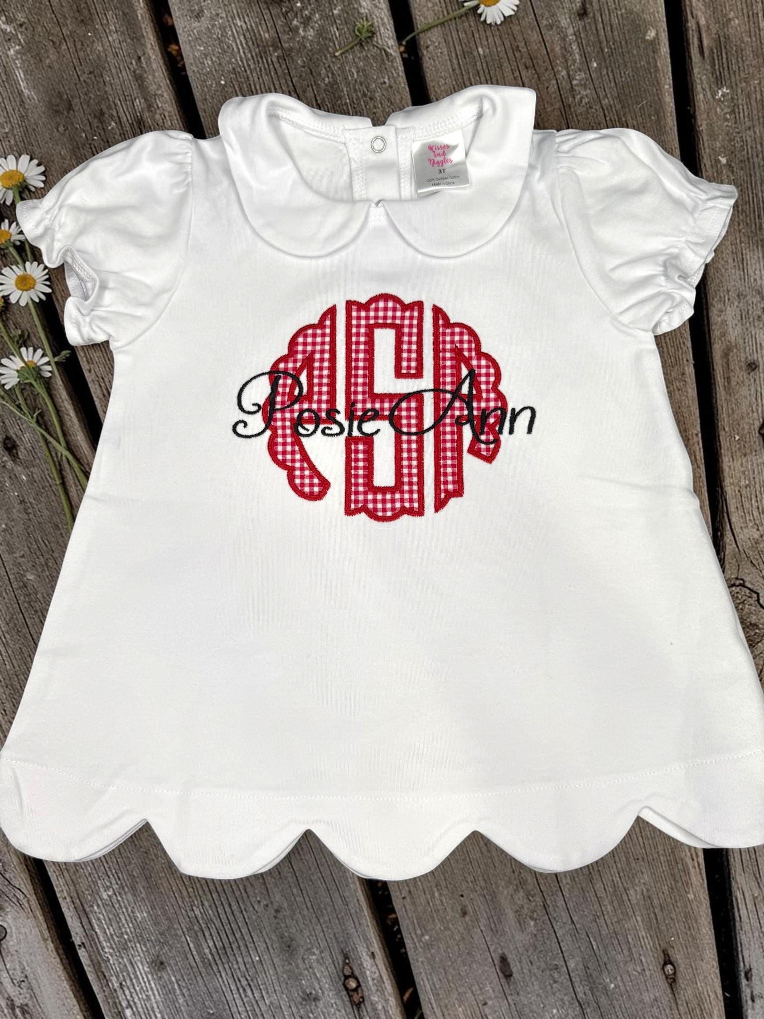 Personalized Monogram Scallop Short Set | Girls Boutique Outfit | Embroidered Name Shirt | Red Gingham Shorts