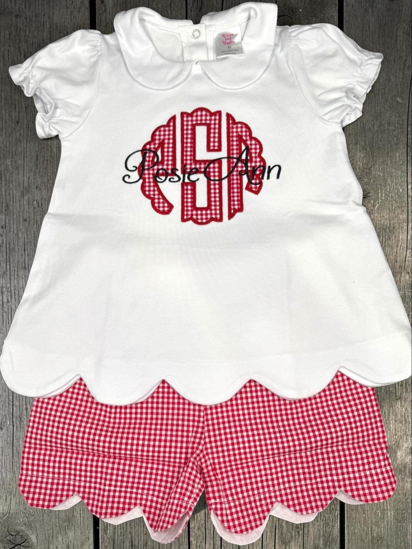 Personalized Monogram Scallop Short Set | Girls Boutique Outfit | Embroidered Name Shirt | Red Gingham Shorts