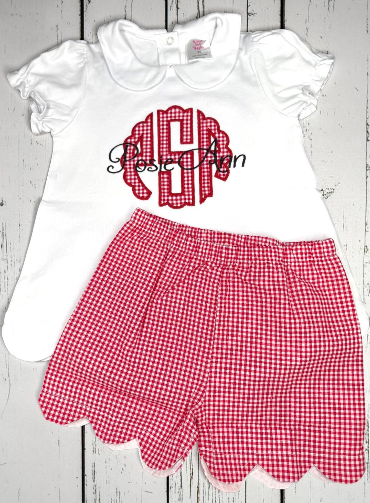 Personalized Monogram Scallop Short Set | Girls Boutique Outfit | Embroidered Name Shirt | Red Gingham Shorts