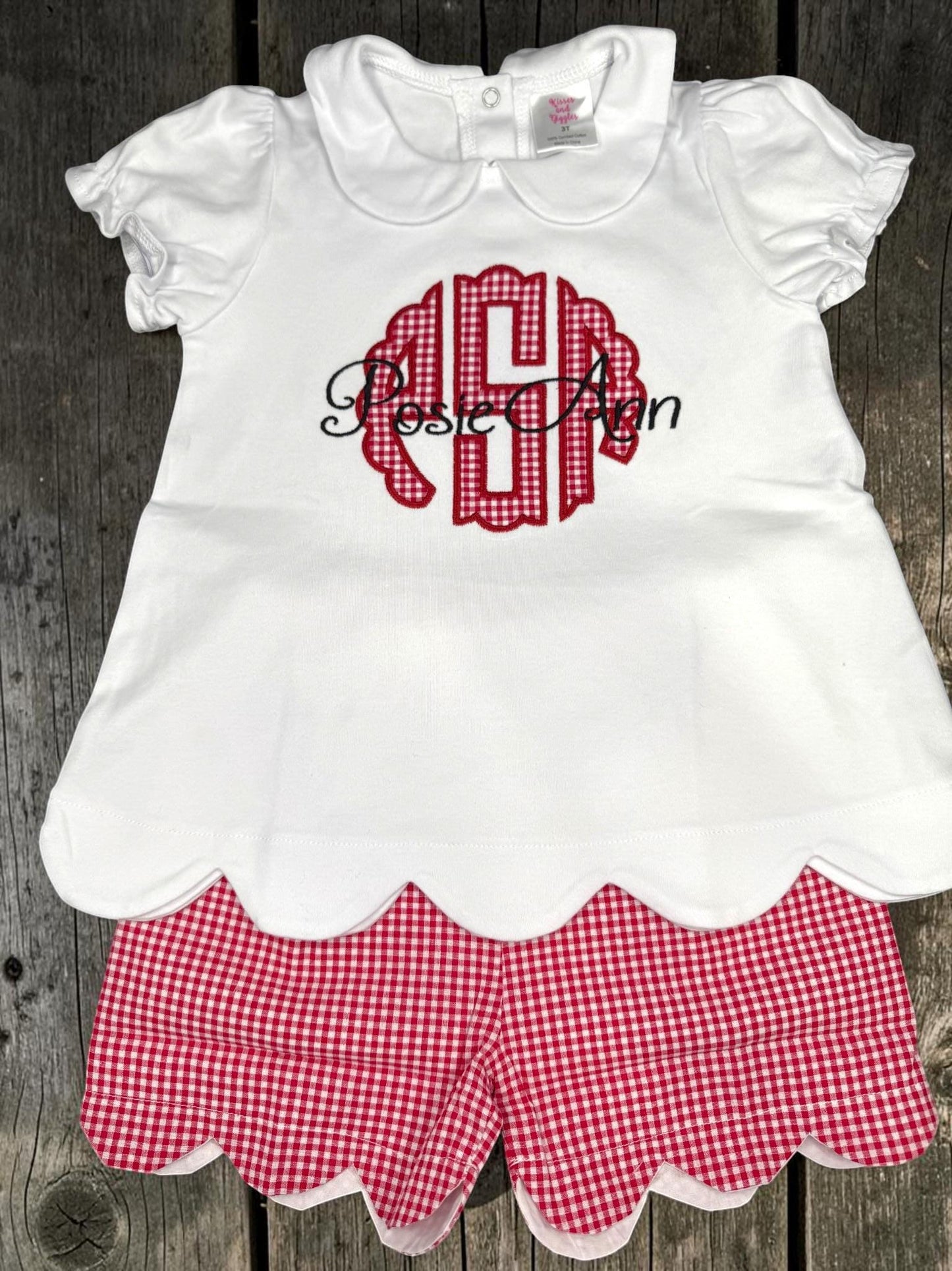 Personalized Monogram Scallop Short Set | Girls Boutique Outfit | Embroidered Name Shirt | Red Gingham Shorts