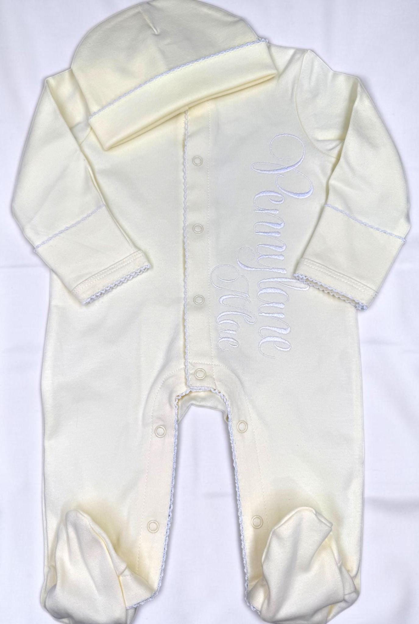 Personalized Baby Name Footie, White Picot Trim Footed Sleeper, Custom Newborn Coming Home Outfit, Baby Shower Gift, Newborn Layette