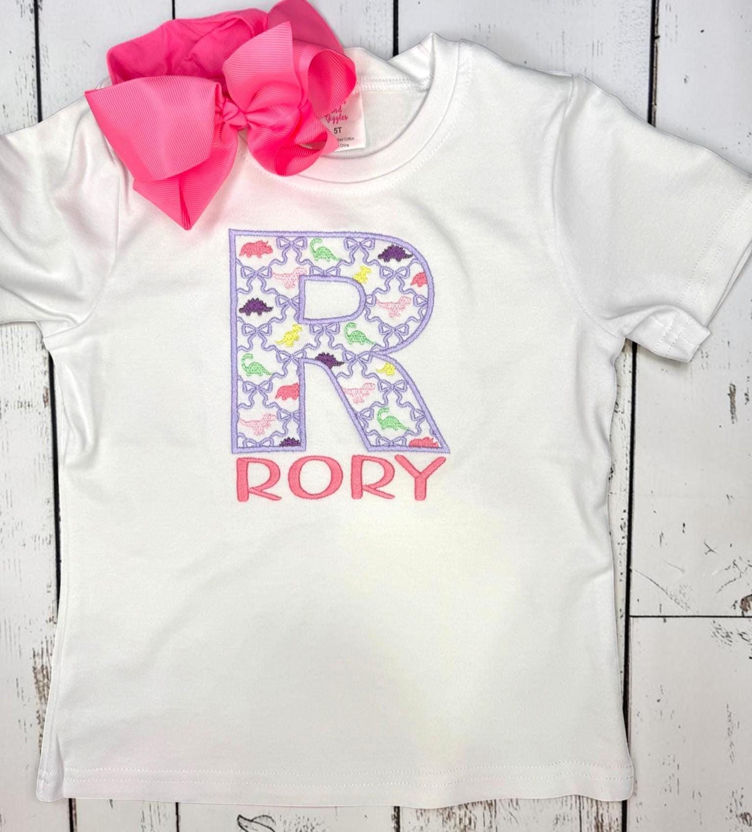 Personalized Dinosaur Initial Shirt, Girls Dinosaur Monogram Shirt, Embroidered Name Shirt, Custom Initial Tee, Dinosaur Birthday Outfit
