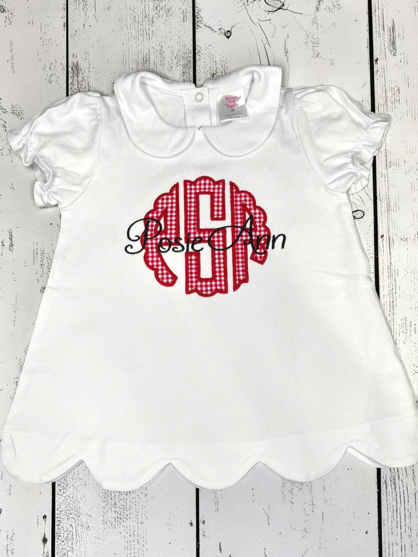 Personalized Monogram Scallop Short Set | Girls Boutique Outfit | Embroidered Name Shirt | Red Gingham Shorts