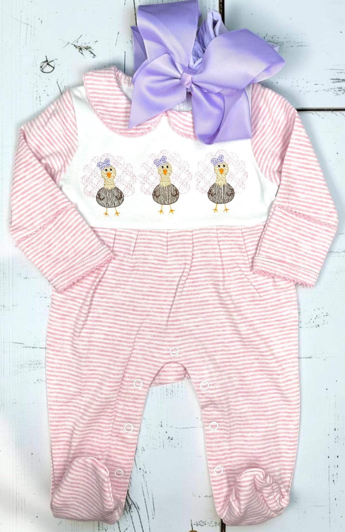 Baby Thanksgiving Romper | Pink Striped Embroidered Turkey Baby Girl Footie