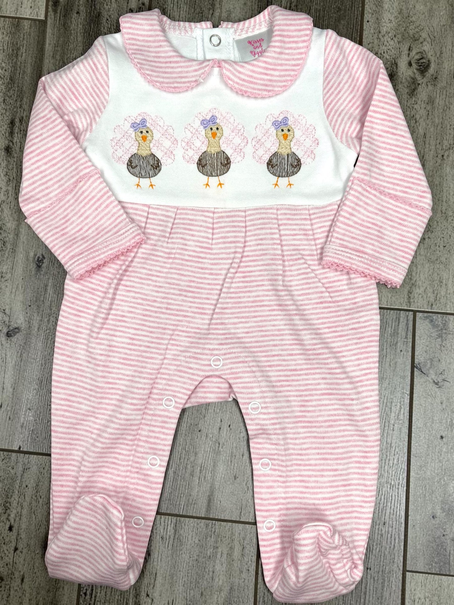 Baby Thanksgiving Romper | Pink Striped Embroidered Turkey Baby Girl Footie