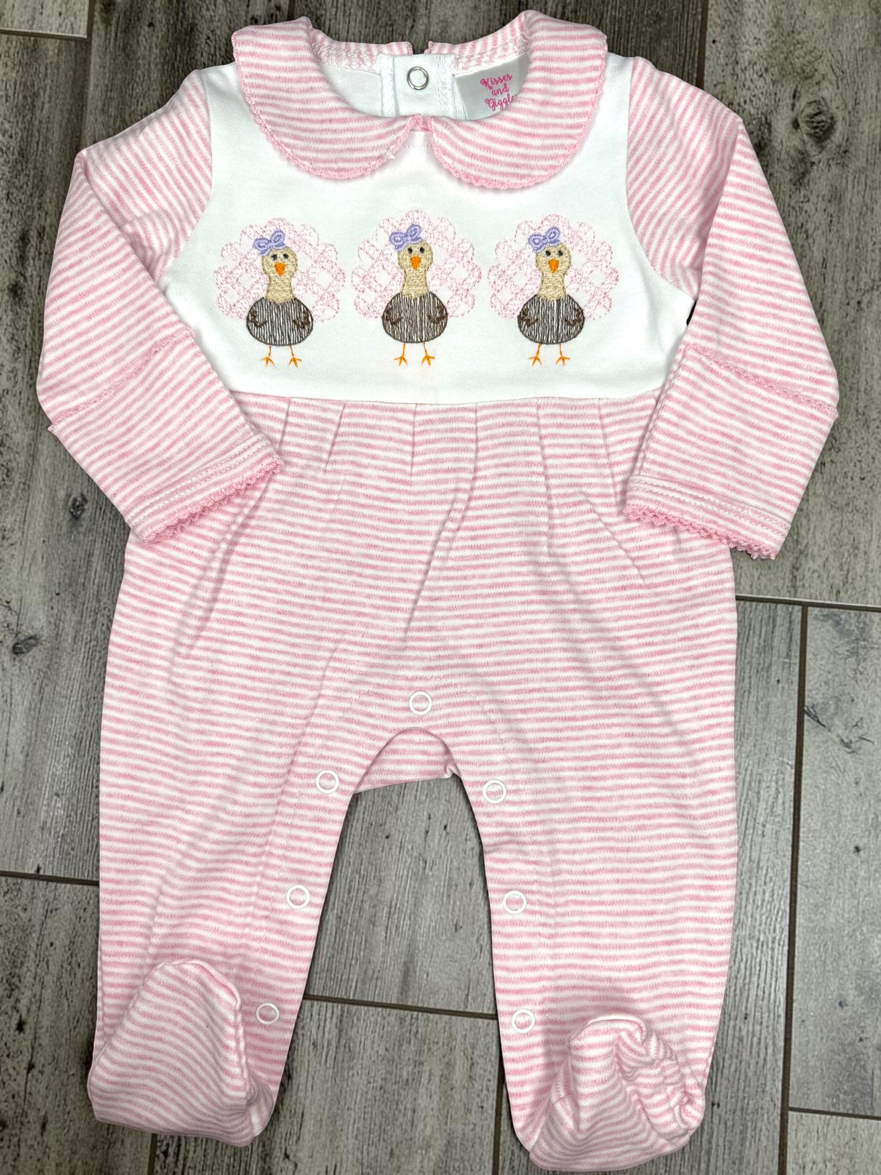Baby Thanksgiving Romper | Pink Striped Embroidered Turkey Baby Girl Footie