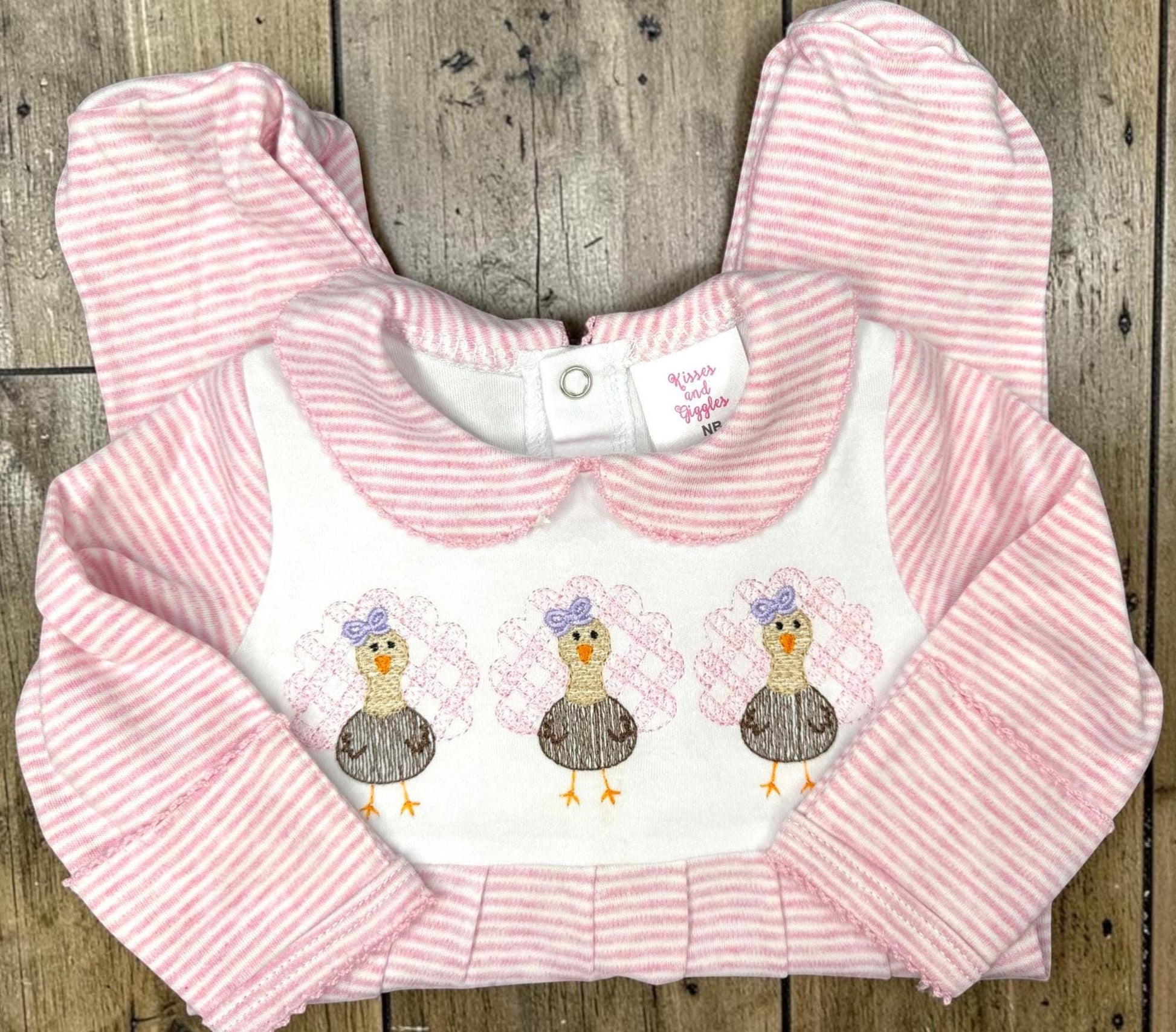 Baby Thanksgiving Romper | Pink Striped Embroidered Turkey Baby Girl Footie