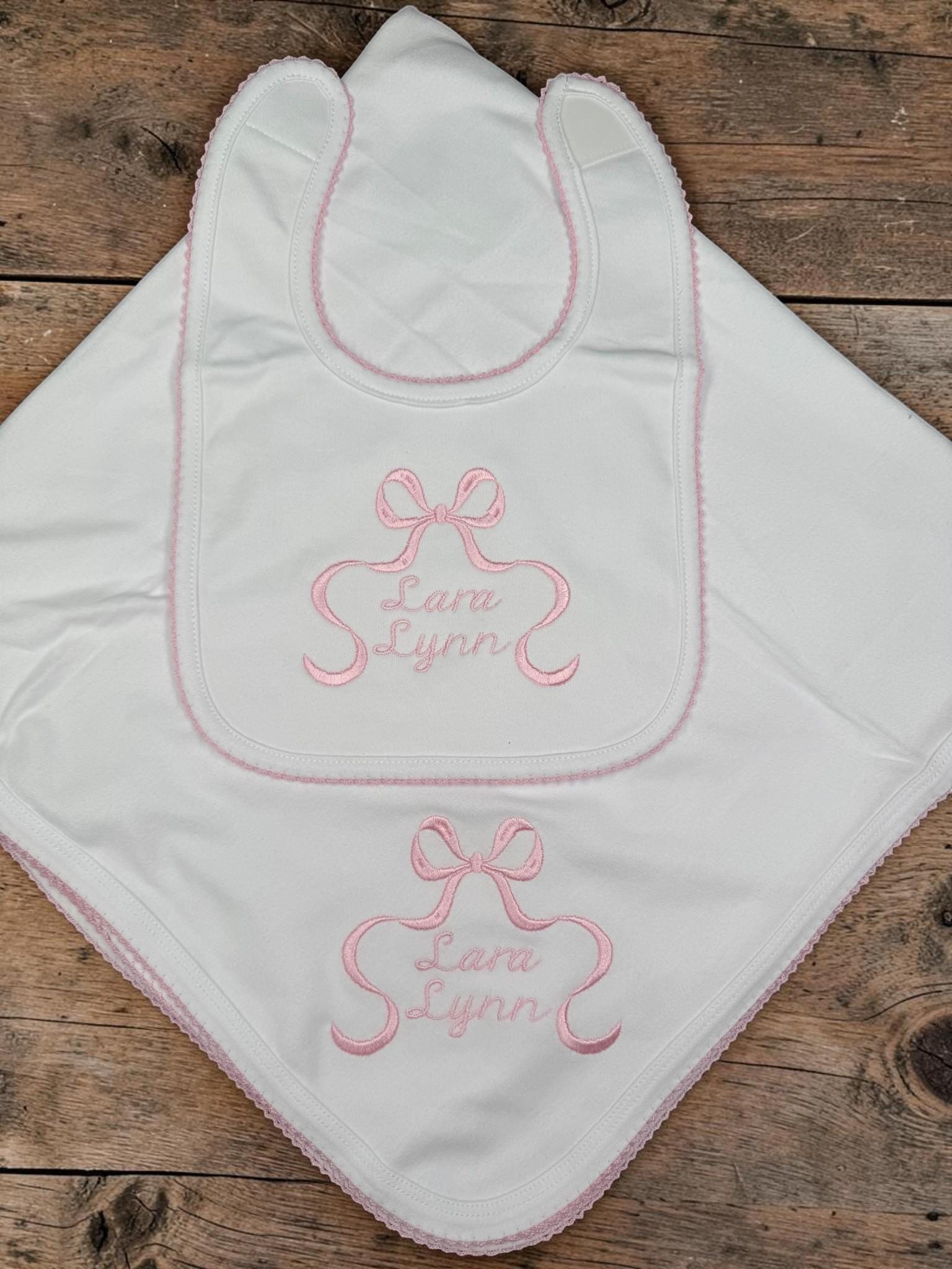 Personalized Baby Girl Gift Set | Embroidered Pink Bow Footie, Bib, Burp Cloth & Blanket | Monogram Newborn Gift