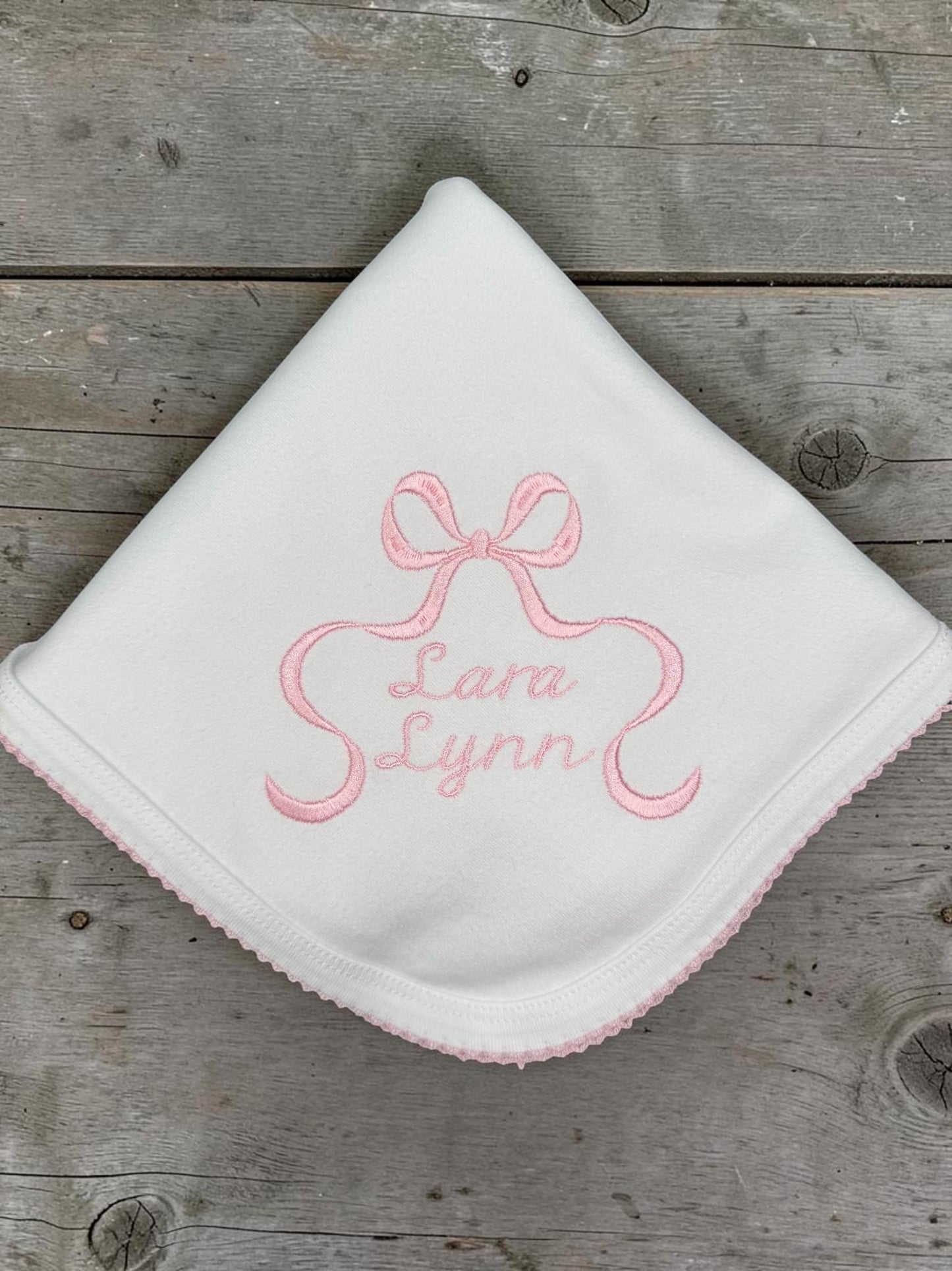 Personalized Baby Girl Gift Set | Embroidered Pink Bow Footie, Bib, Burp Cloth & Blanket | Monogram Newborn Gift