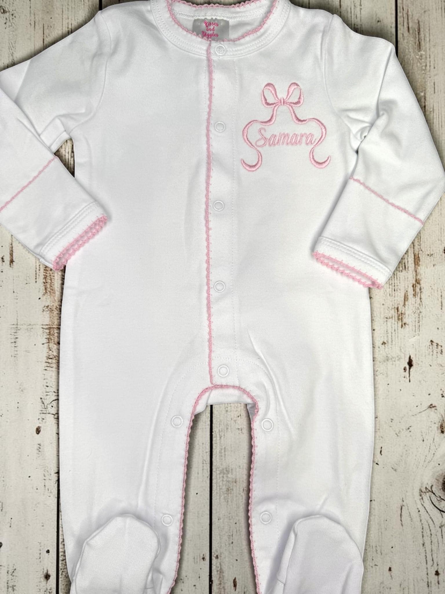 Personalized Baby Girl Gift Set | Embroidered Pink Bow Footie, Bib, Burp Cloth & Blanket | Monogram Newborn Gift