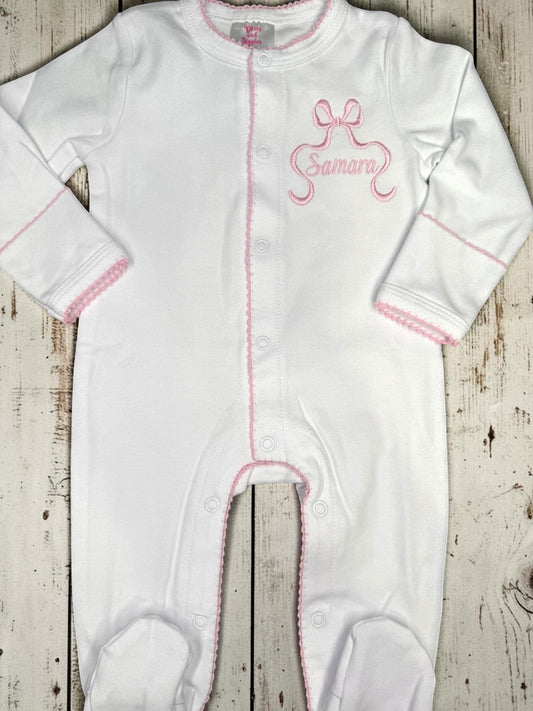Personalized Baby Girl Gift Set | Embroidered Pink Bow Footie, Bib, Burp Cloth & Blanket | Monogram Newborn Gift
