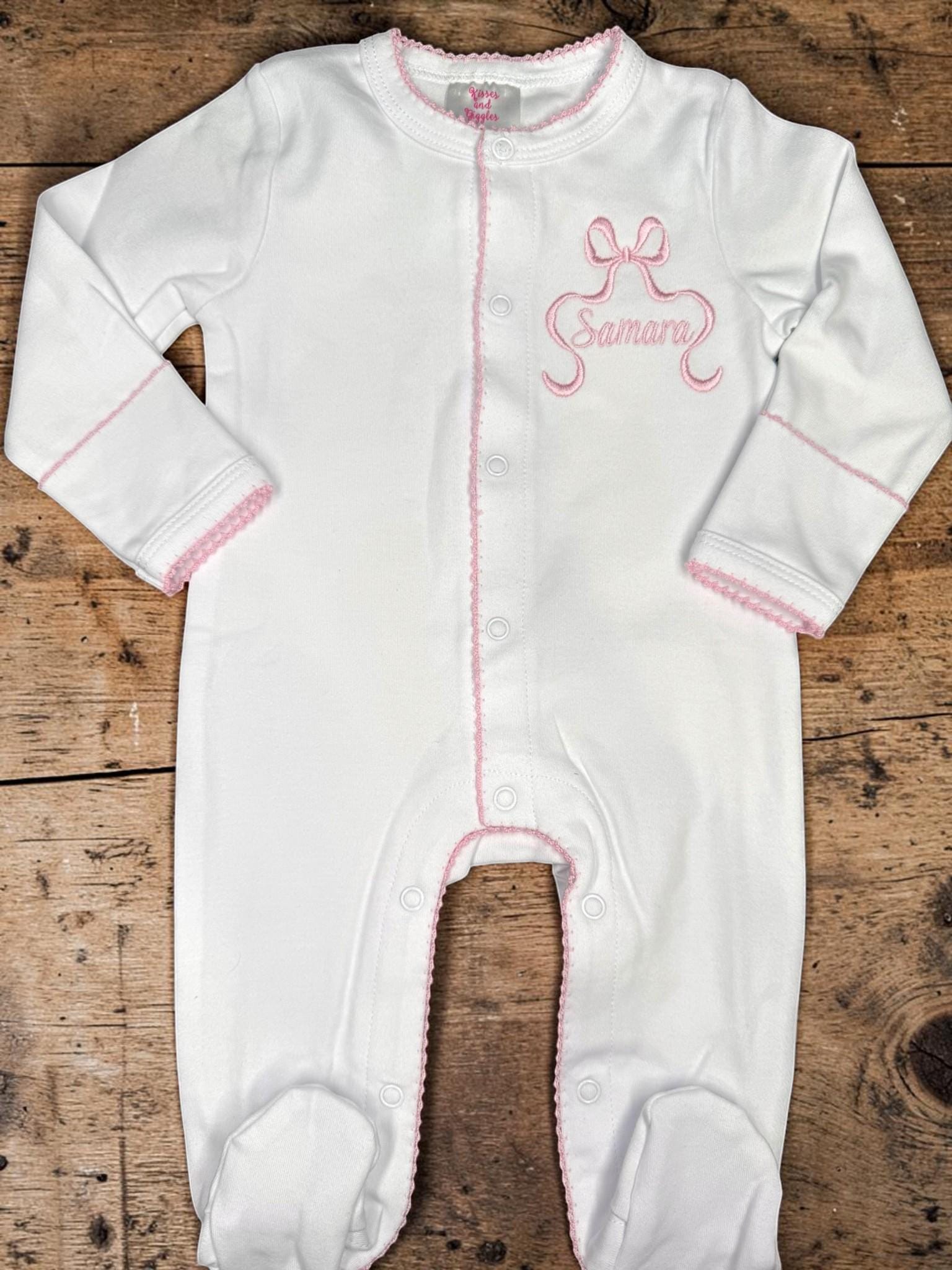 Personalized Baby Girl Gift Set | Embroidered Pink Bow Footie, Bib, Burp Cloth & Blanket | Monogram Newborn Gift