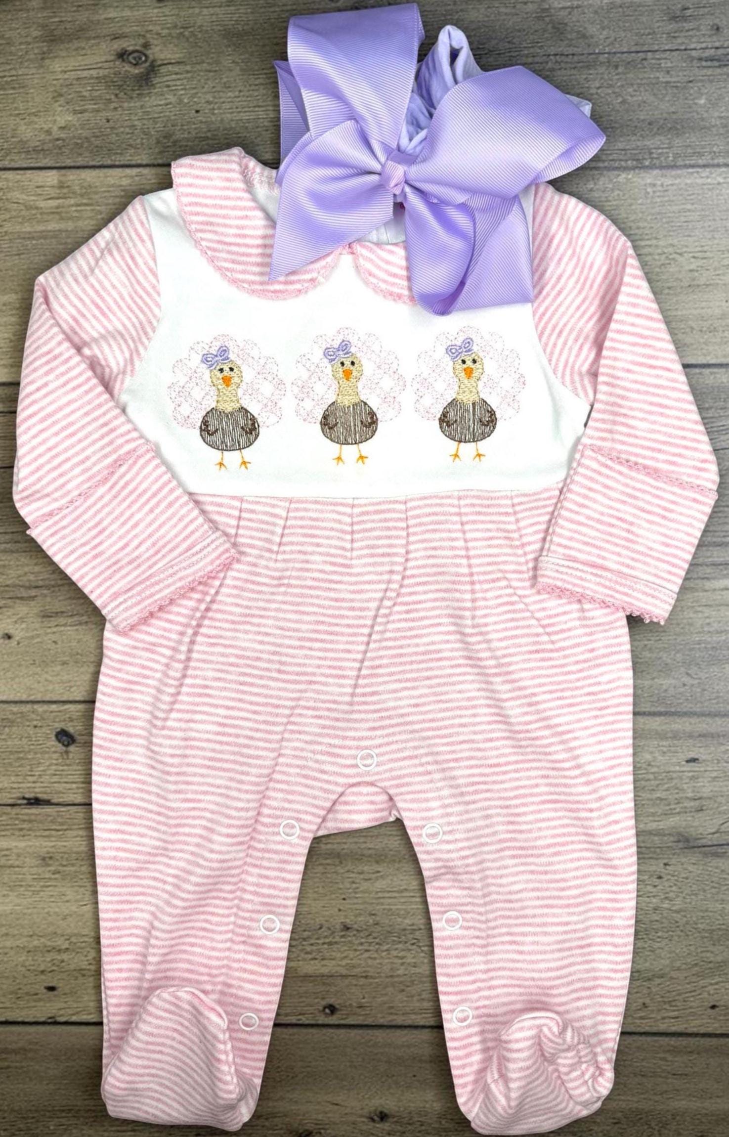 Baby Thanksgiving Romper | Pink Striped Embroidered Turkey Baby Girl Footie