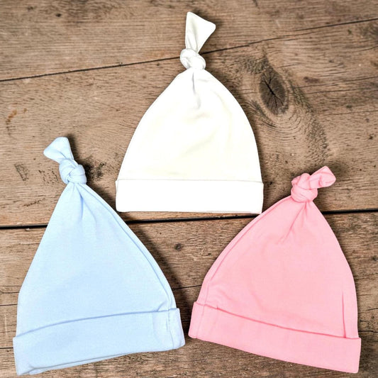 Personalized Newborn Knot Hat | Cotton Monogram Baby Beanie (White, Pink, Blue)