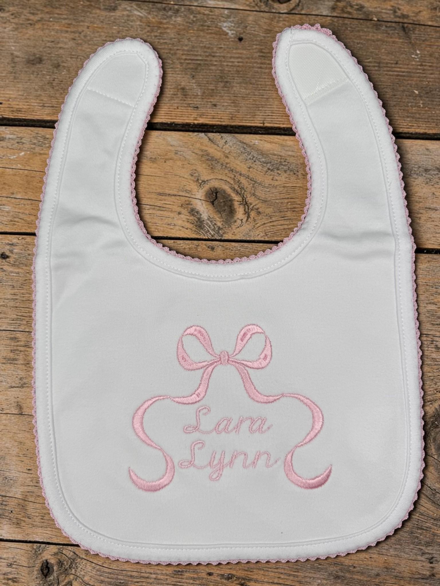 Personalized Baby Girl Gift Set | Embroidered Pink Bow Footie, Bib, Burp Cloth & Blanket | Monogram Newborn Gift