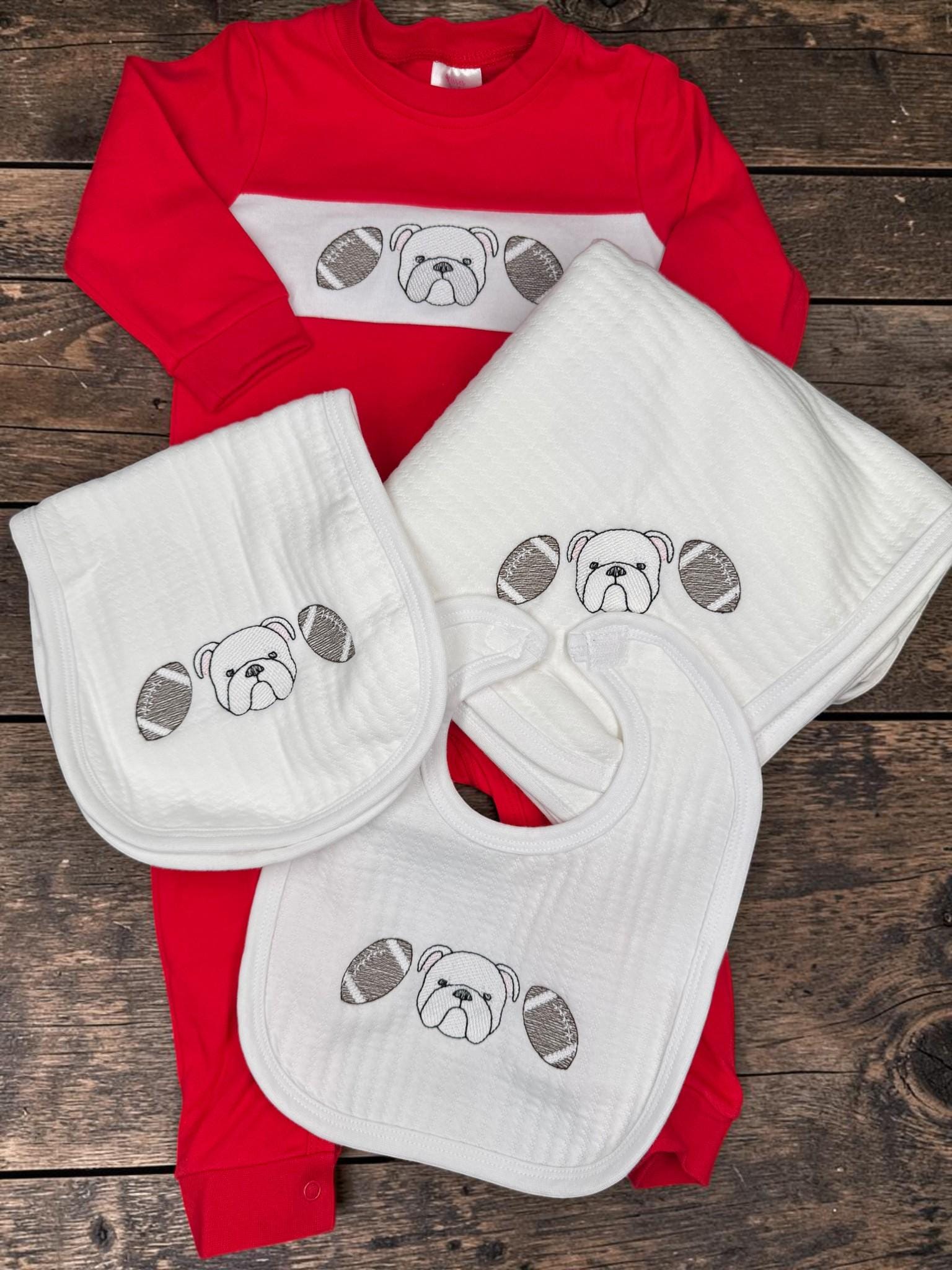 Embroidered Bulldog Football Romper | Red Game Day Baby Outfit