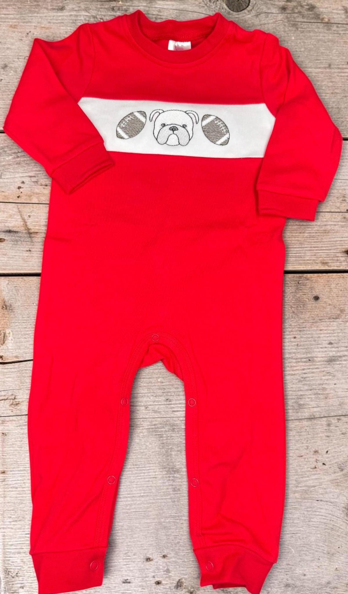Embroidered Bulldog Football Romper | Red Game Day Baby Outfit