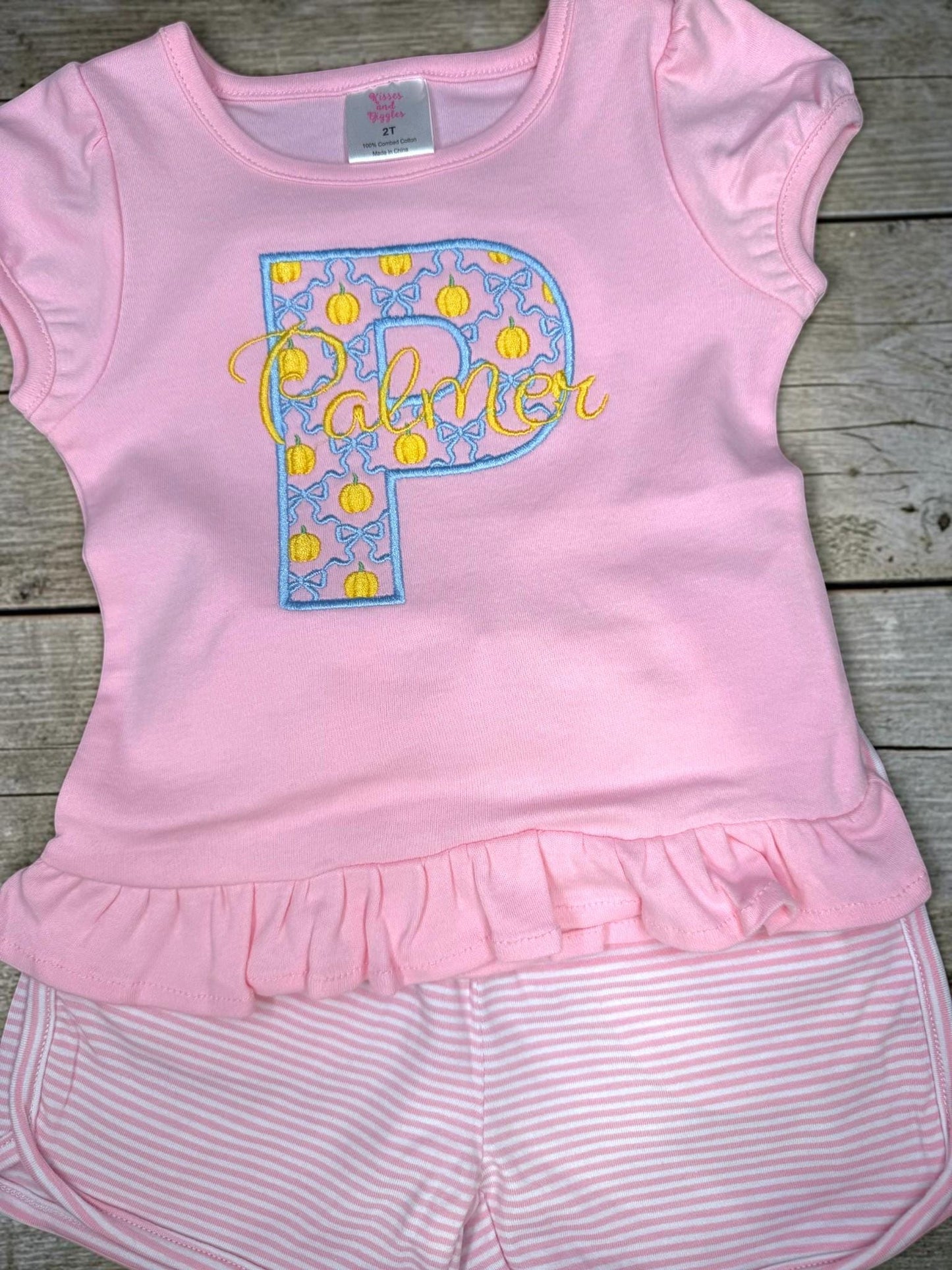 Personalized Pumpkin Initial Shirt, Girls Fall Monogram Outfit, Pink Ruffle Cotton