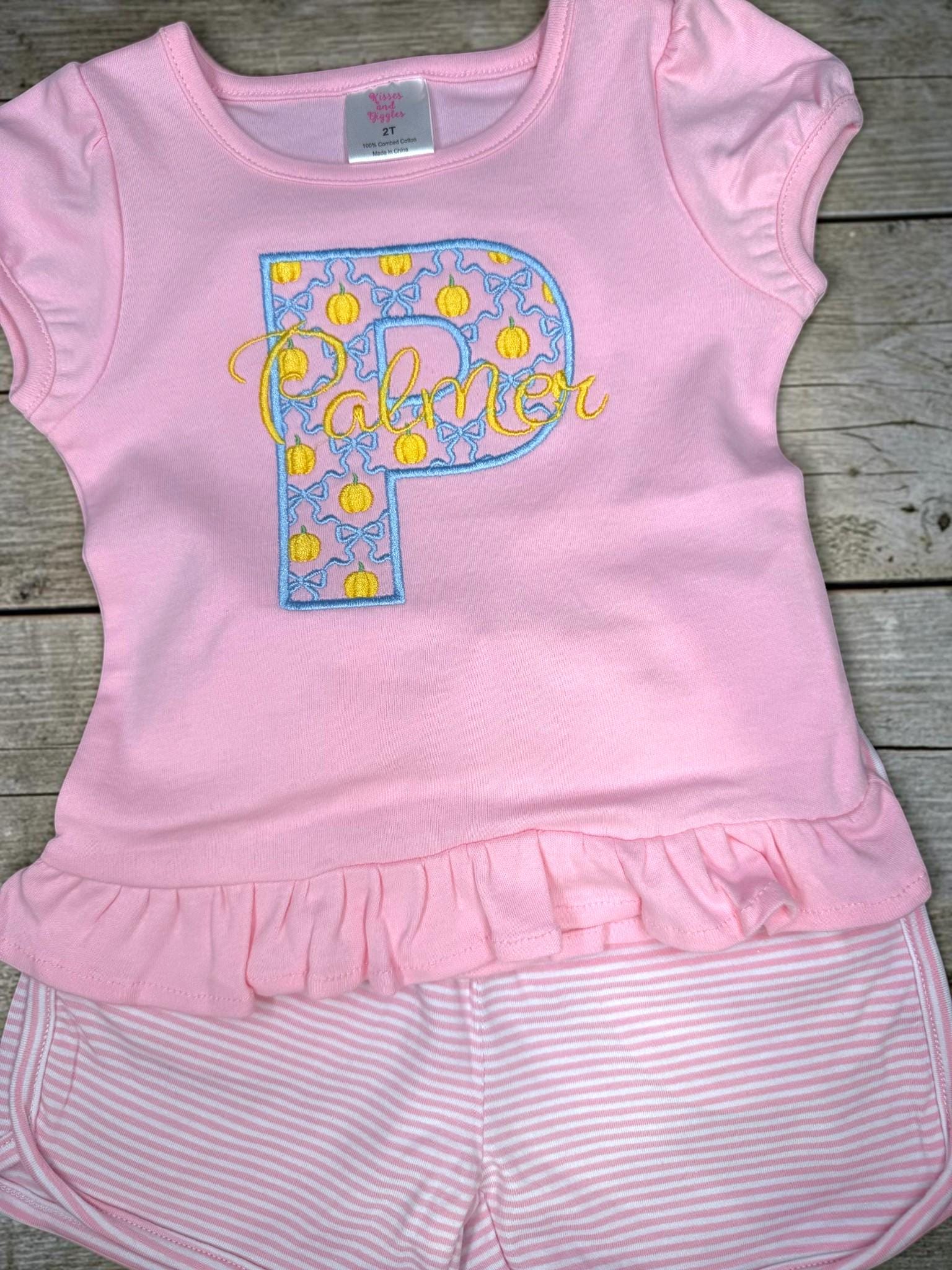 Personalized Pumpkin Initial Shirt, Girls Fall Monogram Outfit, Pink Ruffle Cotton