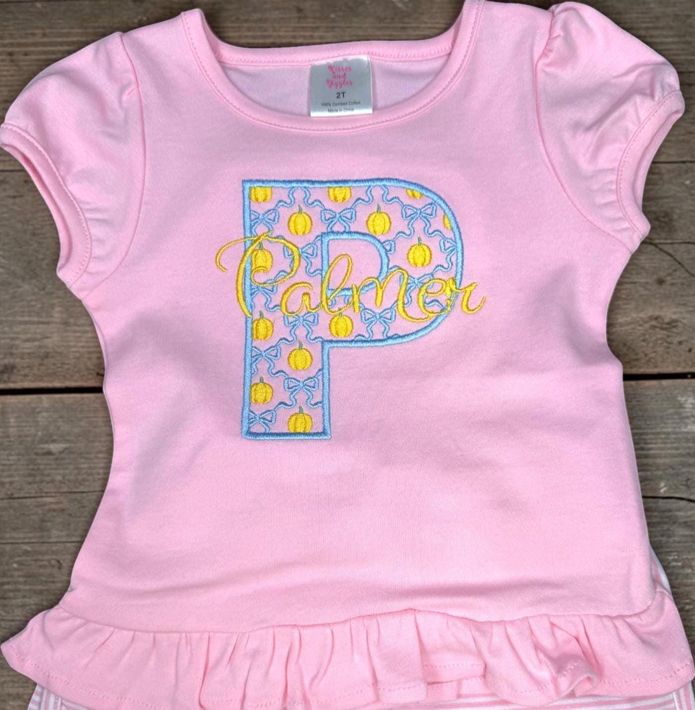 Personalized Pumpkin Initial Shirt, Girls Fall Monogram Outfit, Pink Ruffle Cotton