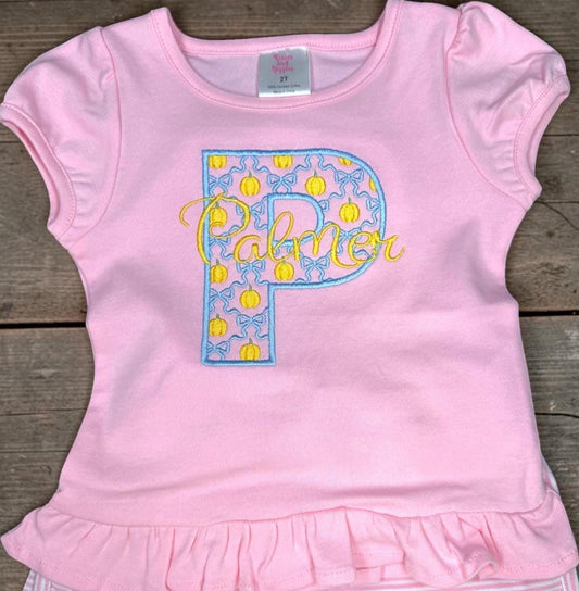 Personalized Pumpkin Initial Shirt, Girls Fall Monogram Outfit, Pink Ruffle Cotton