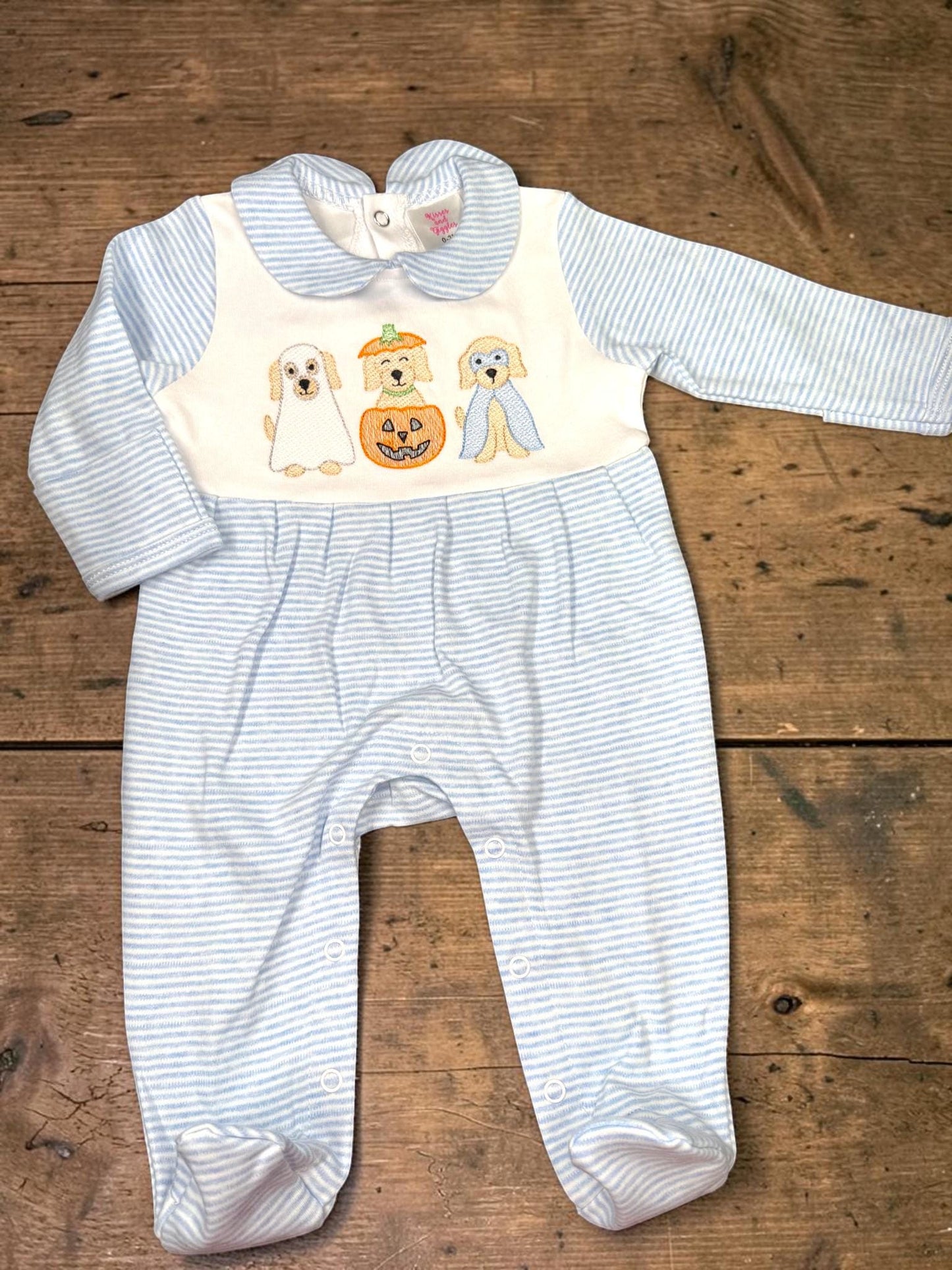 Baby Boy Halloween Romper, Embroidered Puppy Halloween Outfit, Blue Stripe Footed Romper, Pumpkin Ghost Dog Baby Outfit, Fall Baby Clothes