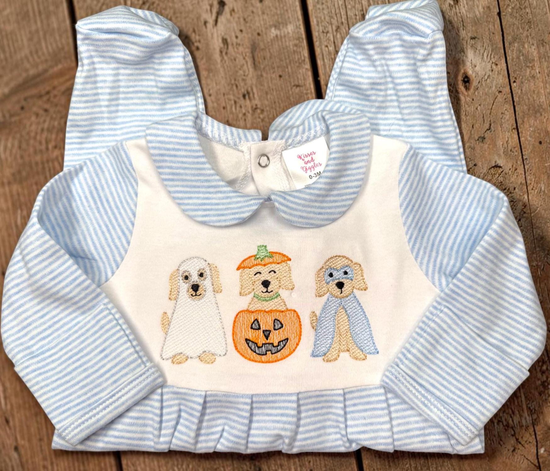 Baby Boy Halloween Romper, Embroidered Puppy Halloween Outfit, Blue Stripe Footed Romper, Pumpkin Ghost Dog Baby Outfit, Fall Baby Clothes