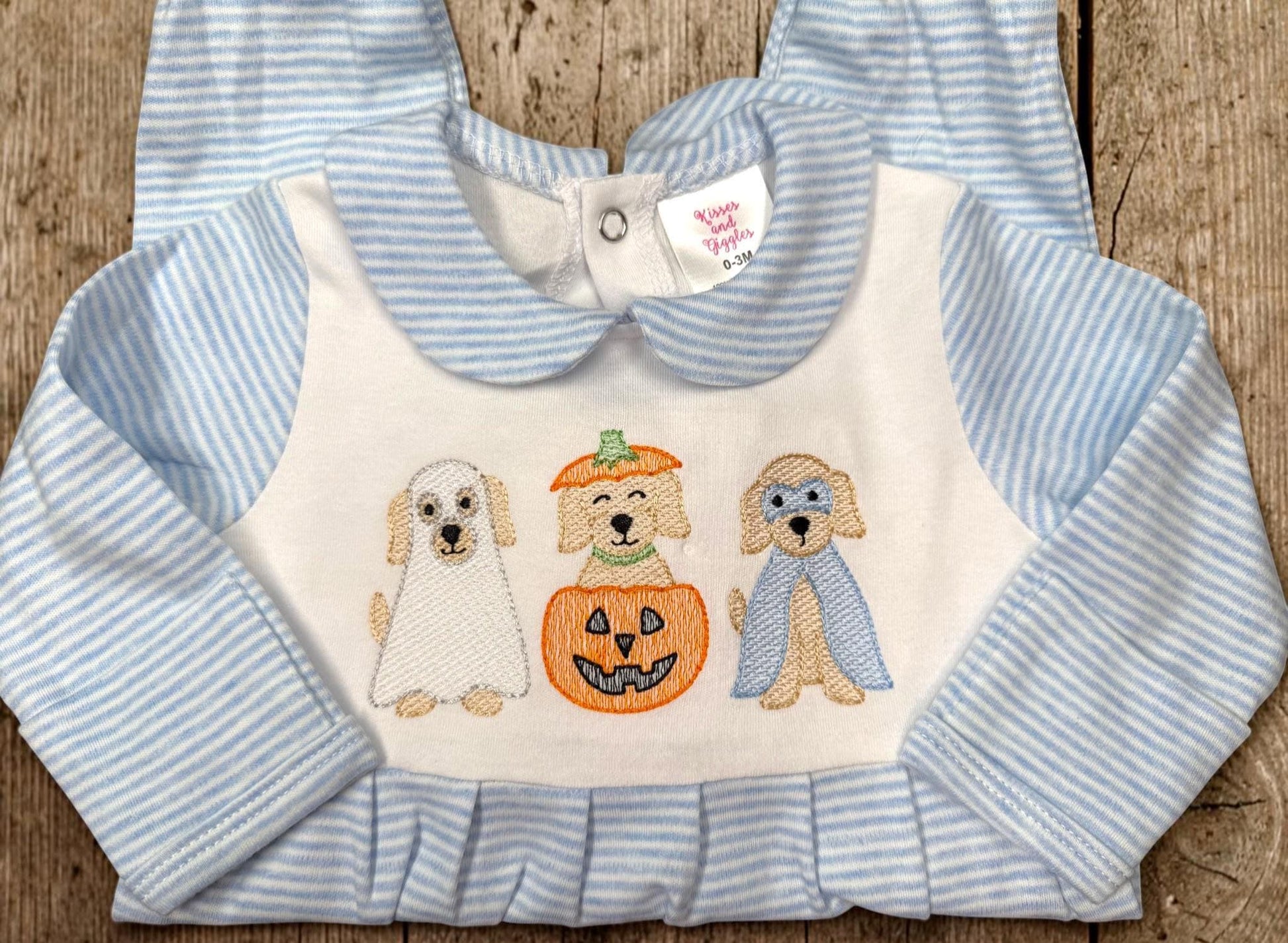 Baby Boy Halloween Romper, Embroidered Puppy Halloween Outfit, Blue Stripe Footed Romper, Pumpkin Ghost Dog Baby Outfit, Fall Baby Clothes