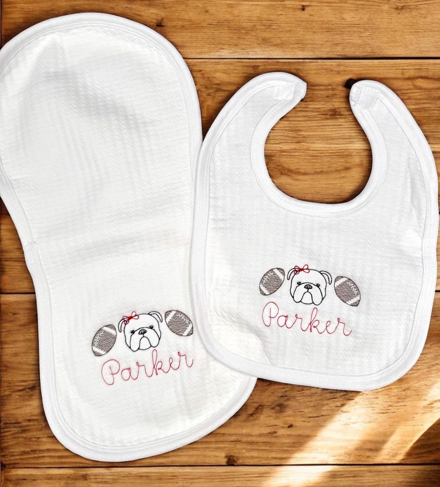 Bulldog Girl Baby Gift Set: Embroidered Gameday Football, Bib, Burp Cloth, Blanket
