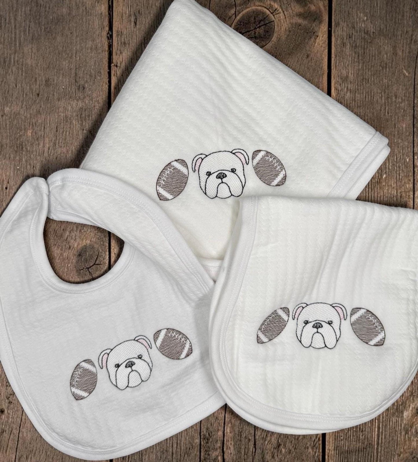 Bulldog Baby Gift Set: Embroidered Gameday Football, Bib, Burp Cloth, Blanket