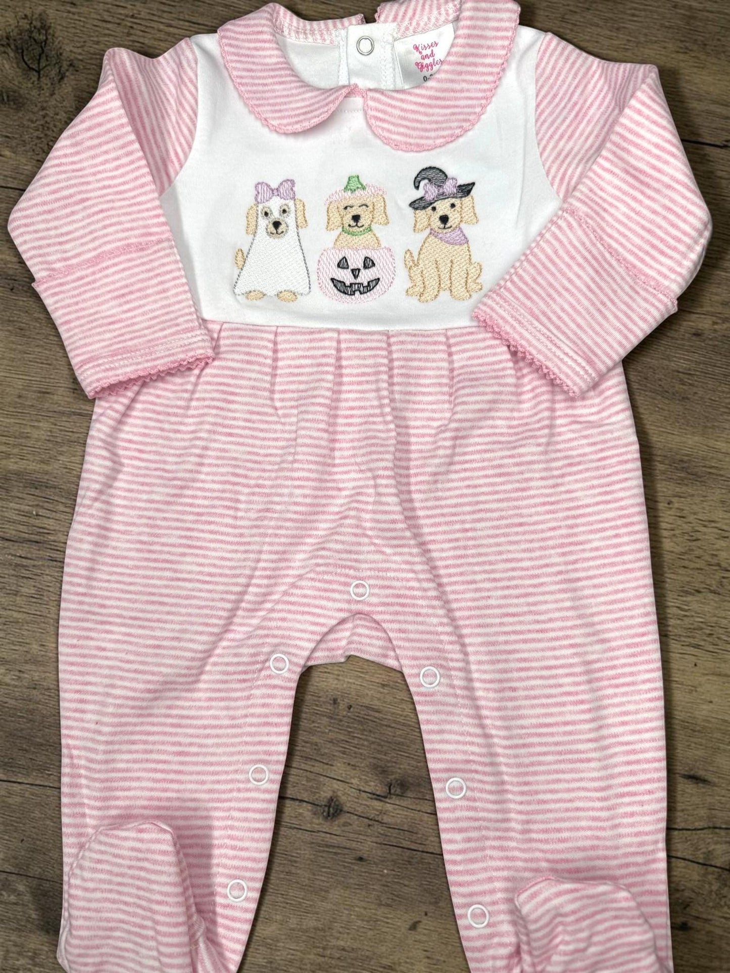Baby Girl Halloween Romper, Embroidered Puppy Halloween Outfit, Pink Stripe Footed Romper, Pumpkin Ghost Dog Baby Outfit, Fall Baby Clothes