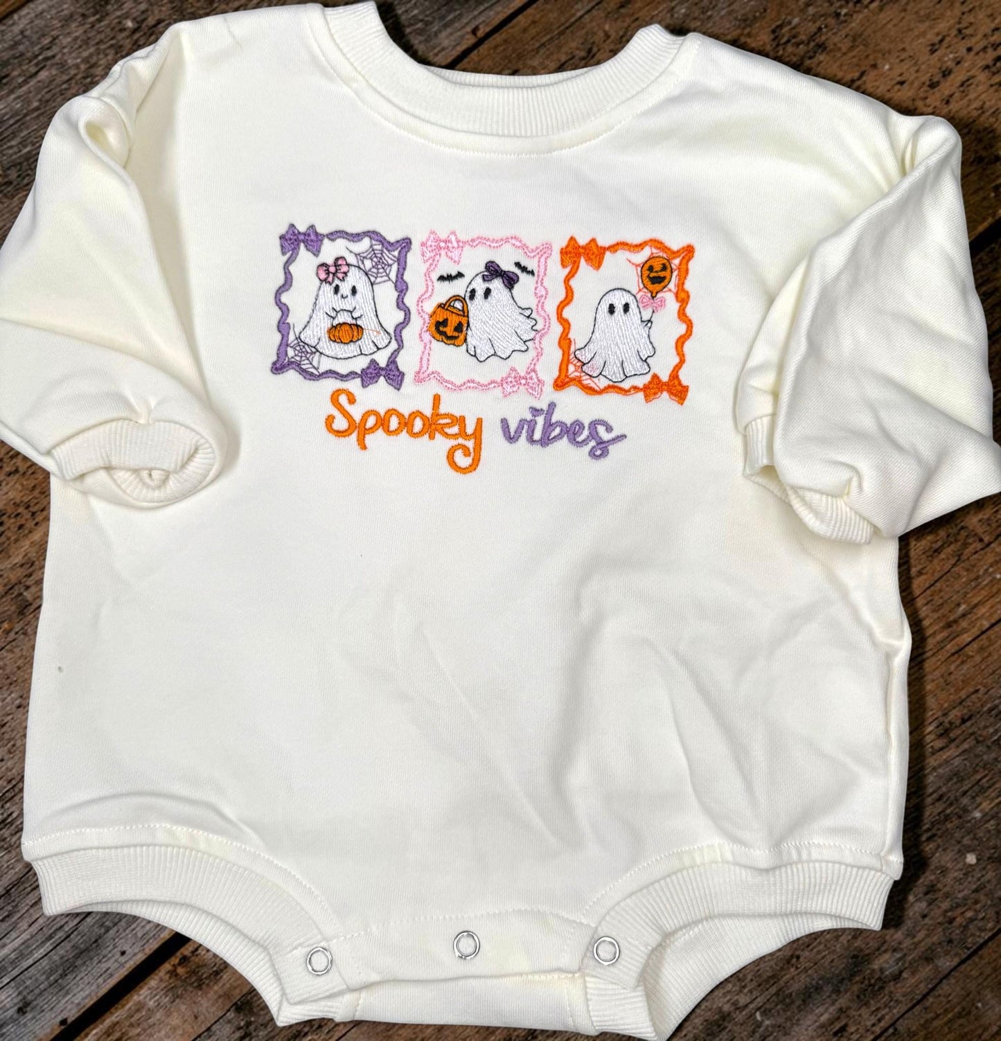 Girls Halloween Bubble Romper, Spooky Vibes Ghost Outfit, Embroidered Long Sleeve Baby Bubble, Toddler Halloween Outfit