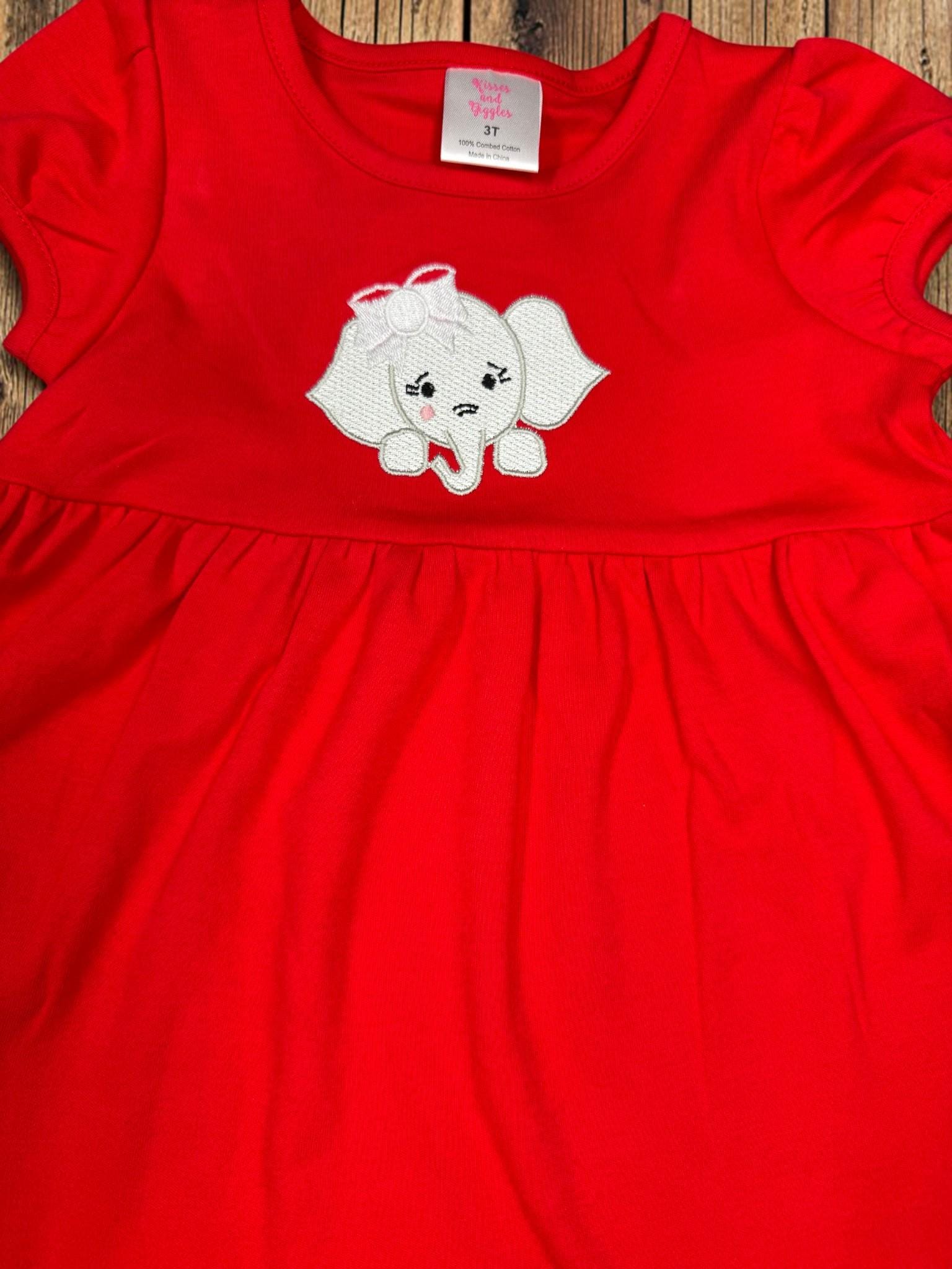 Girls Elephant Embroidered Tunic Dress | Red Cotton Game Day Outfit