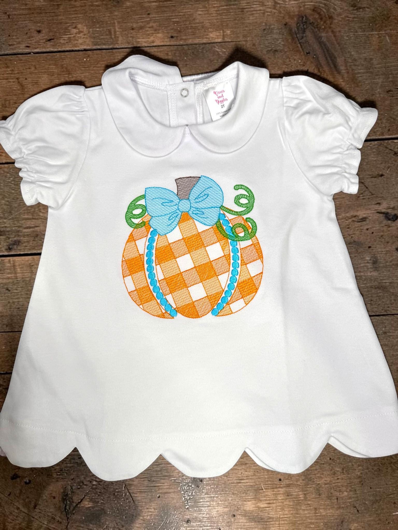 Girls Fall Pumpkin Shirt, Embroidered Gingham Pumpkin Top, Blue Bow Pumpkin Shirt, Toddler Fall Outfit, Girls Thanksgiving Shirt