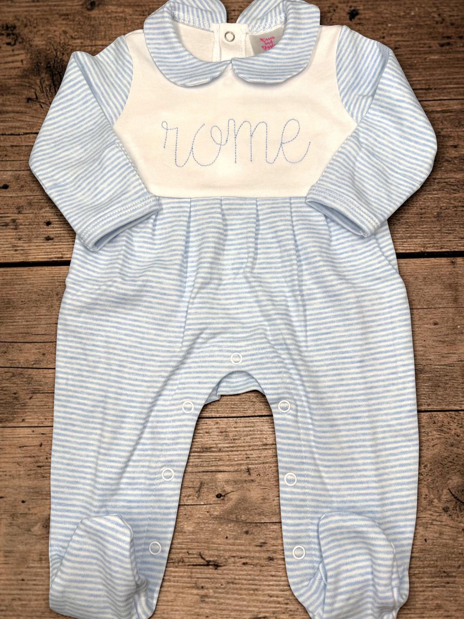 Personalized Baby Boy Footie Romper | Blue Stripe Coming Home Outfit