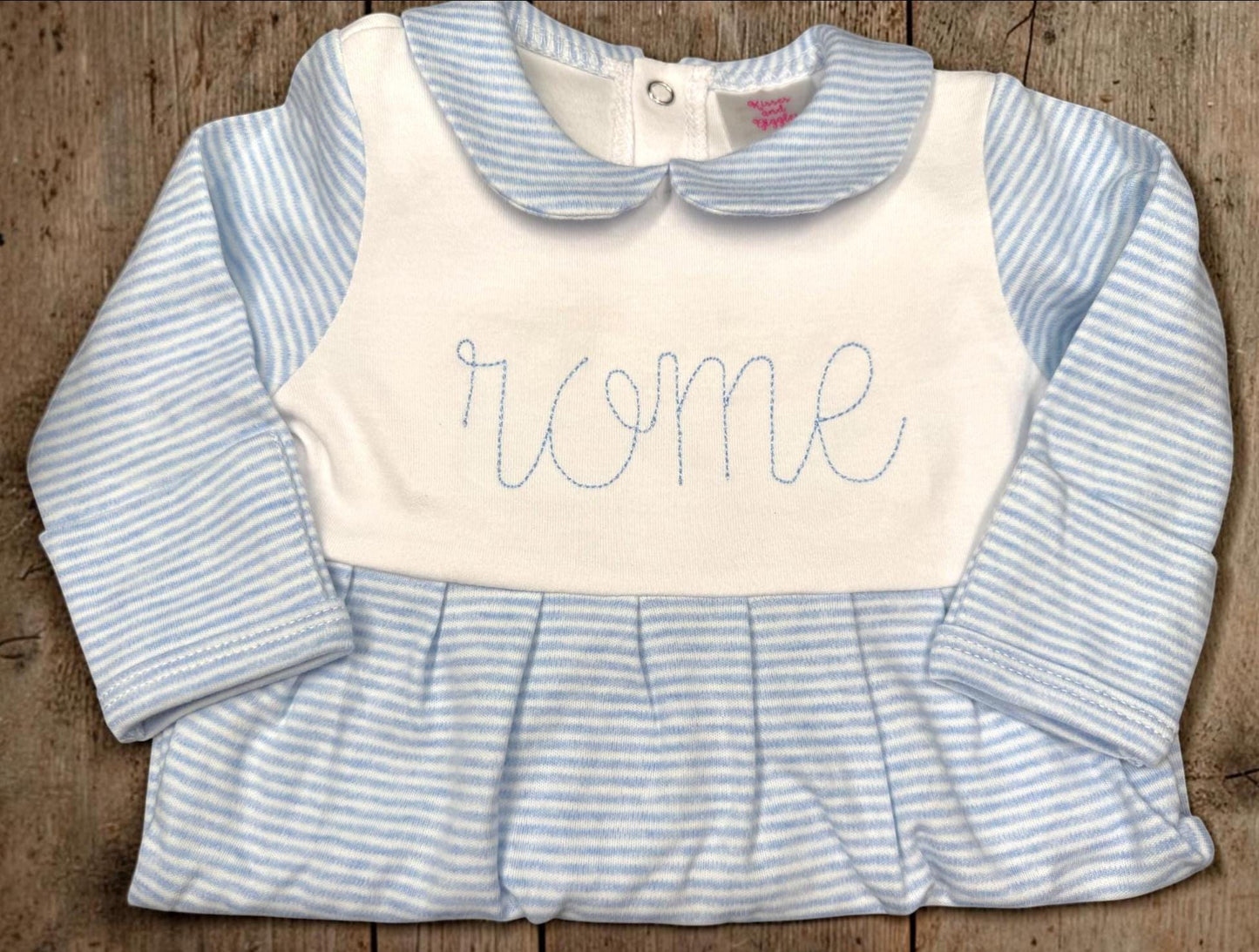 Personalized Baby Boy Footie Romper | Blue Stripe Coming Home Outfit
