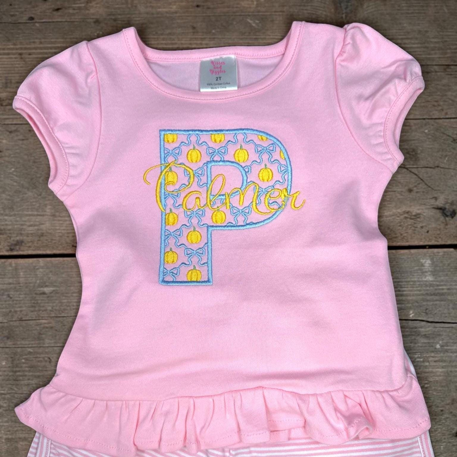 Personalized Pumpkin Initial Shirt, Girls Fall Monogram Outfit, Pink Ruffle Cotton