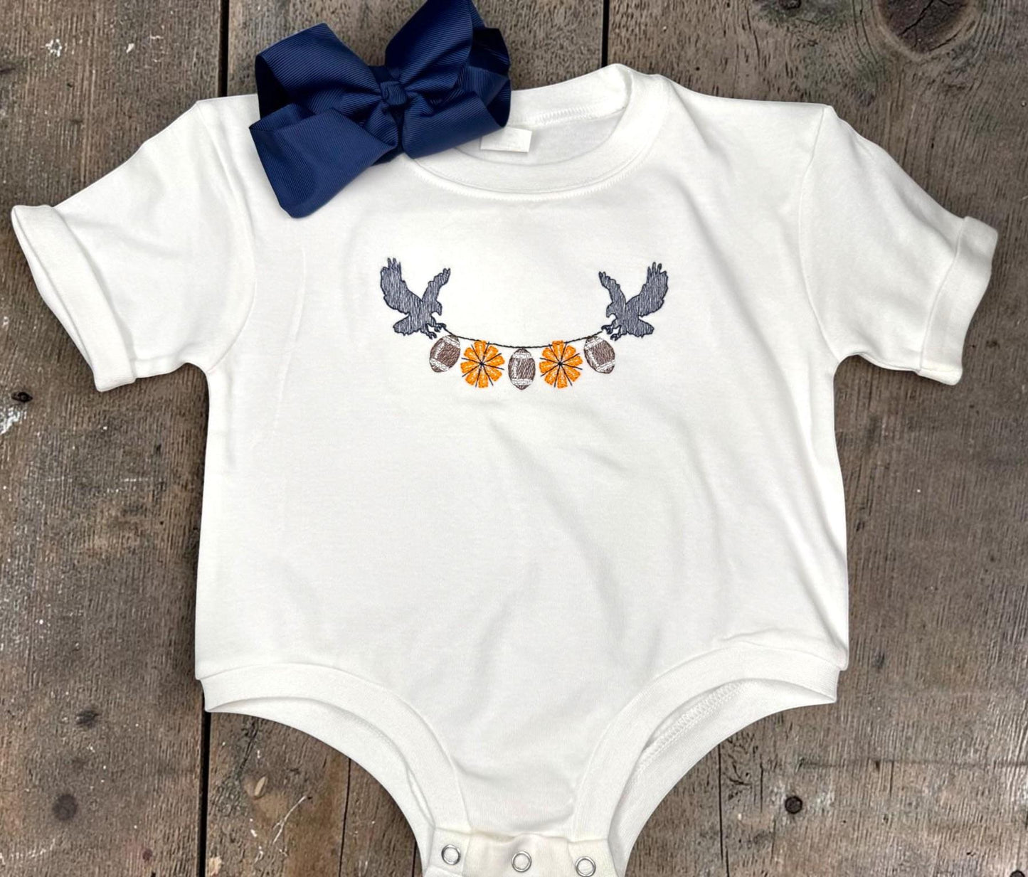 Eagle Football Baby Bubble, Embroidered Game Day Baby Girl Romper, Orange and Blue Baby Outfit, Optional Bow
