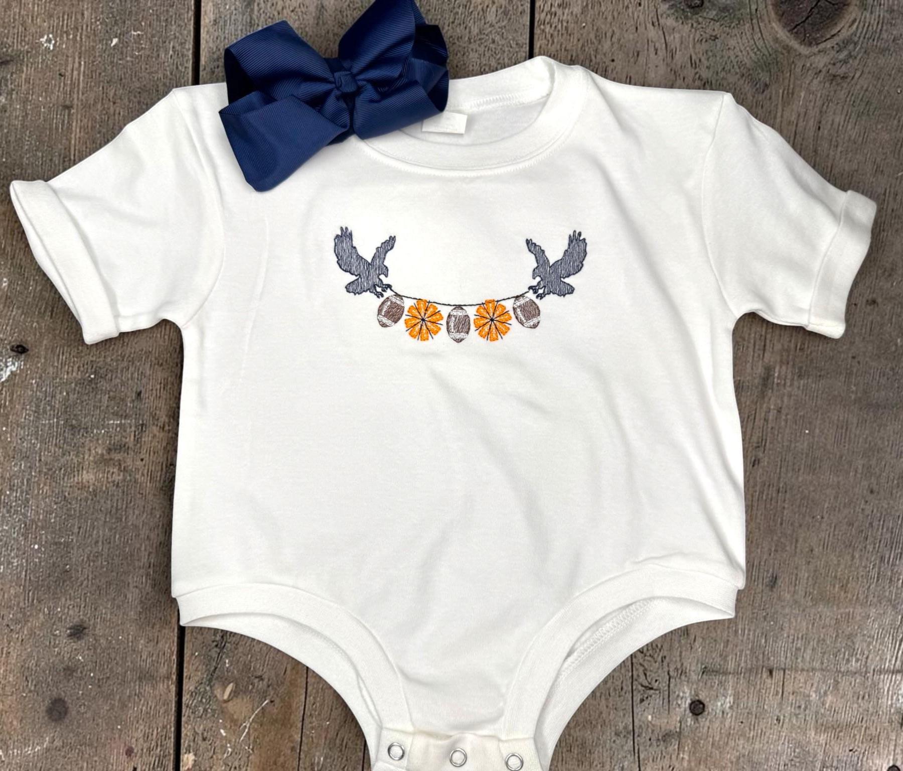 Eagle Football Baby Bubble, Embroidered Game Day Baby Girl Romper, Orange and Blue Baby Outfit, Optional Bow