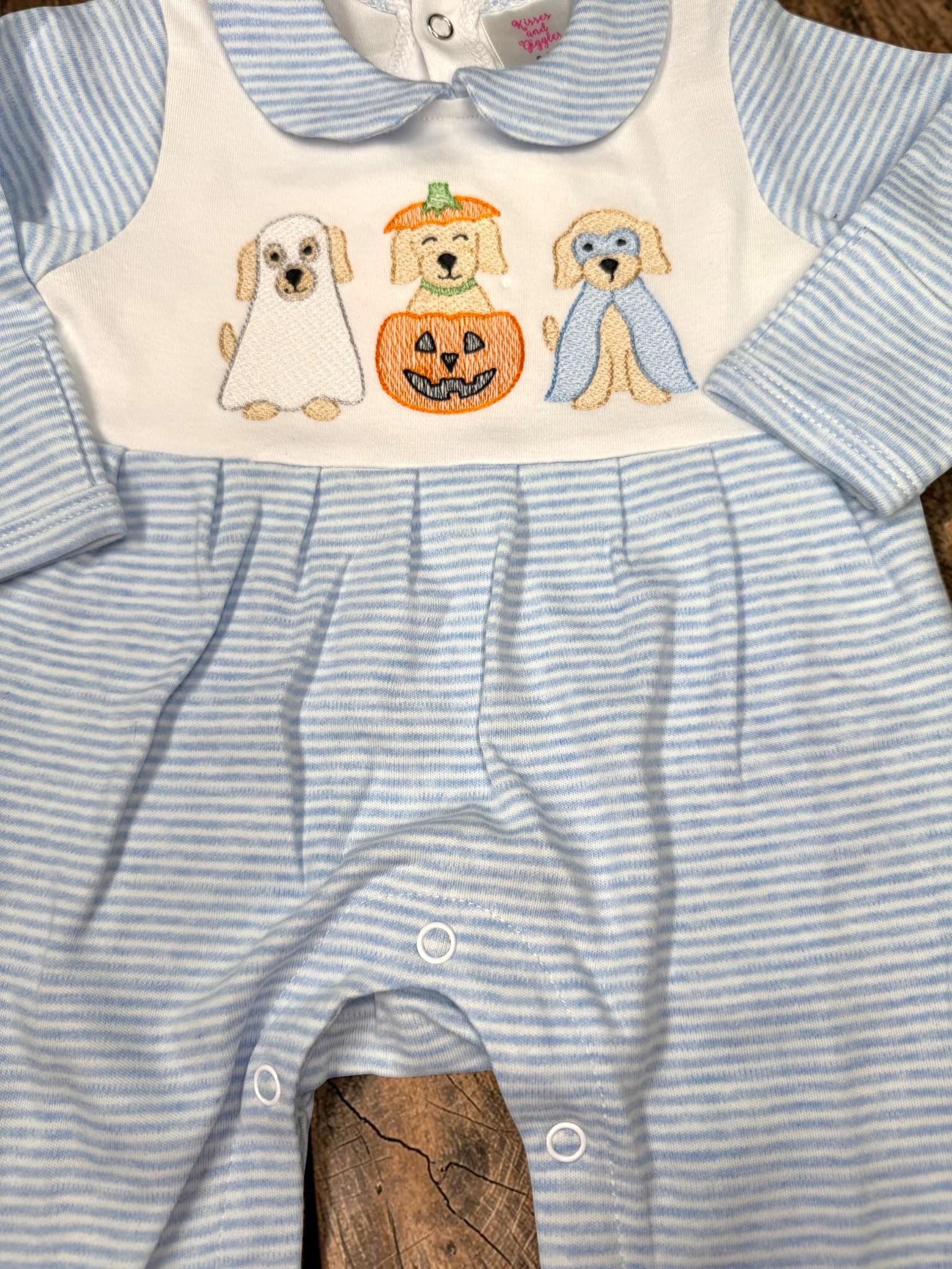 Baby Boy Halloween Romper, Embroidered Puppy Halloween Outfit, Blue Stripe Footed Romper, Pumpkin Ghost Dog Baby Outfit, Fall Baby Clothes