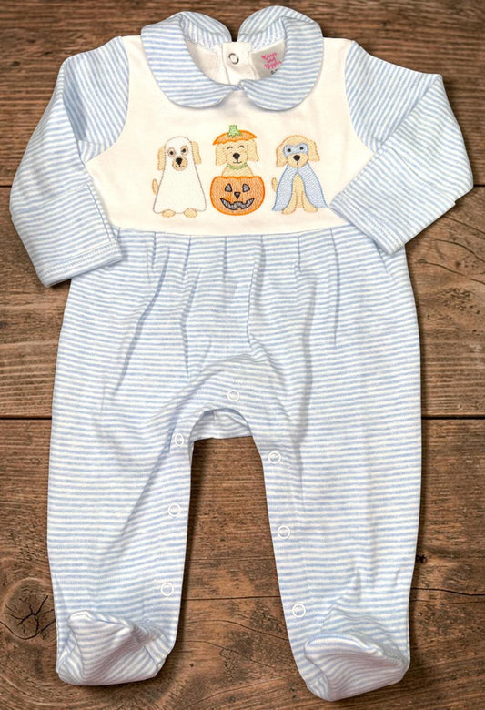 Baby Boy Halloween Romper, Embroidered Puppy Halloween Outfit, Blue Stripe Footed Romper, Pumpkin Ghost Dog Baby Outfit, Fall Baby Clothes