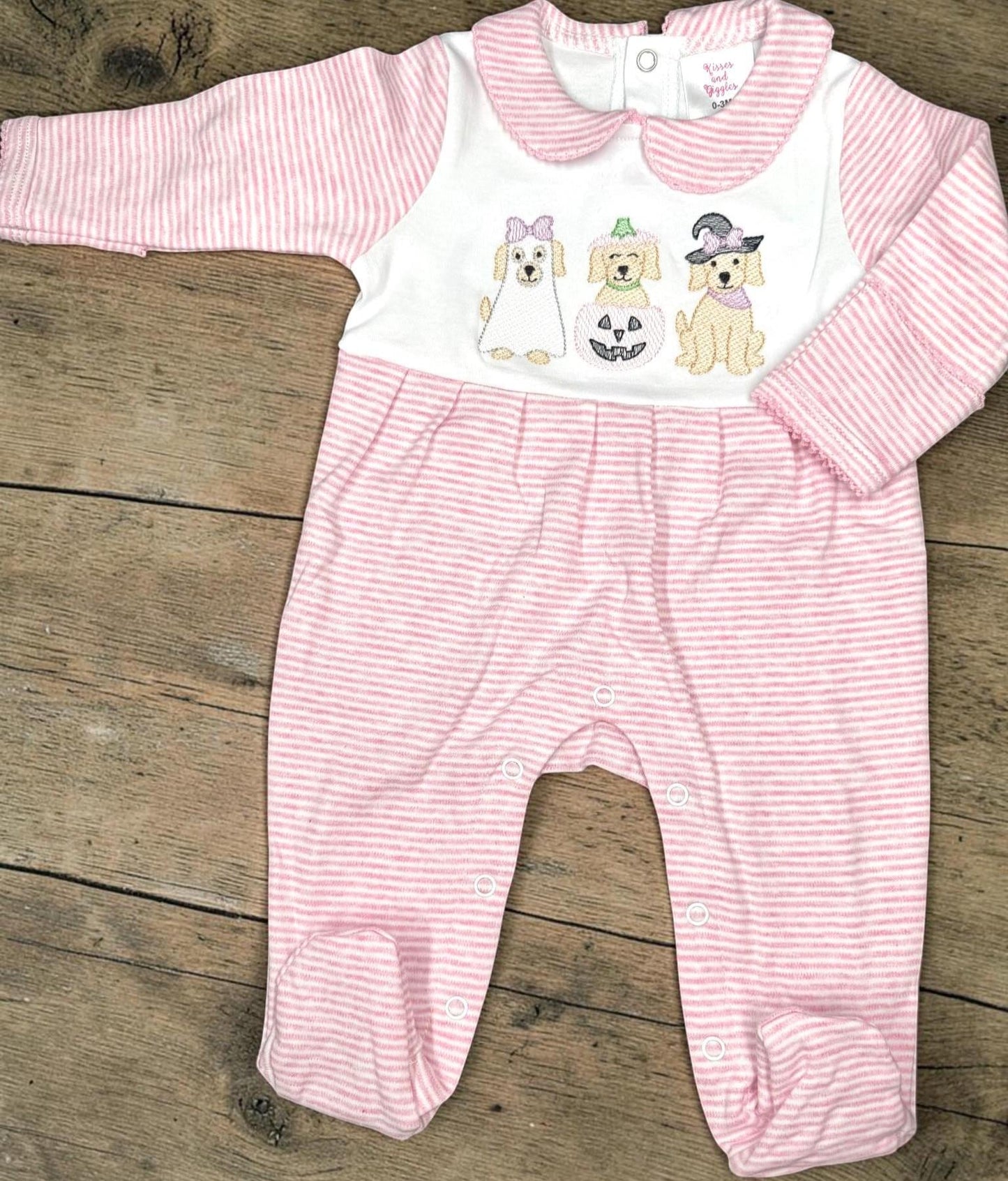 Baby Girl Halloween Romper, Embroidered Puppy Halloween Outfit, Pink Stripe Footed Romper, Pumpkin Ghost Dog Baby Outfit, Fall Baby Clothes
