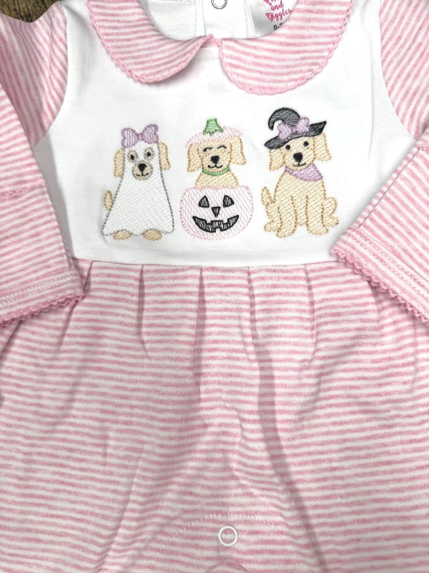 Baby Girl Halloween Romper, Embroidered Puppy Halloween Outfit, Pink Stripe Footed Romper, Pumpkin Ghost Dog Baby Outfit, Fall Baby Clothes