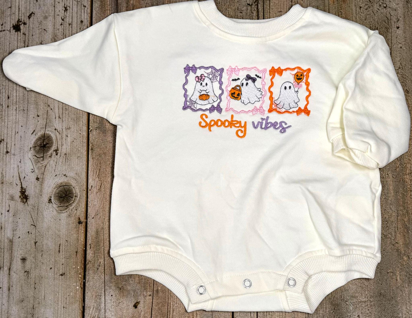 Girls Halloween Bubble Romper, Spooky Vibes Ghost Outfit, Embroidered Long Sleeve Baby Bubble, Toddler Halloween Outfit