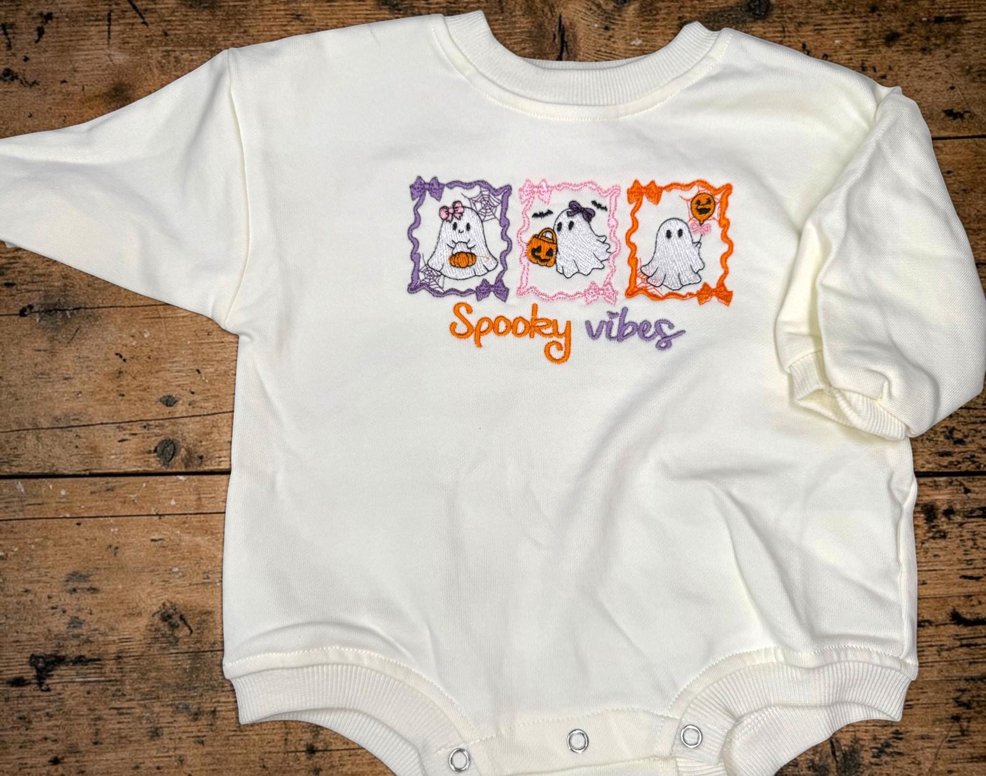 Girls Halloween Bubble Romper, Spooky Vibes Ghost Outfit, Embroidered Long Sleeve Baby Bubble, Toddler Halloween Outfit