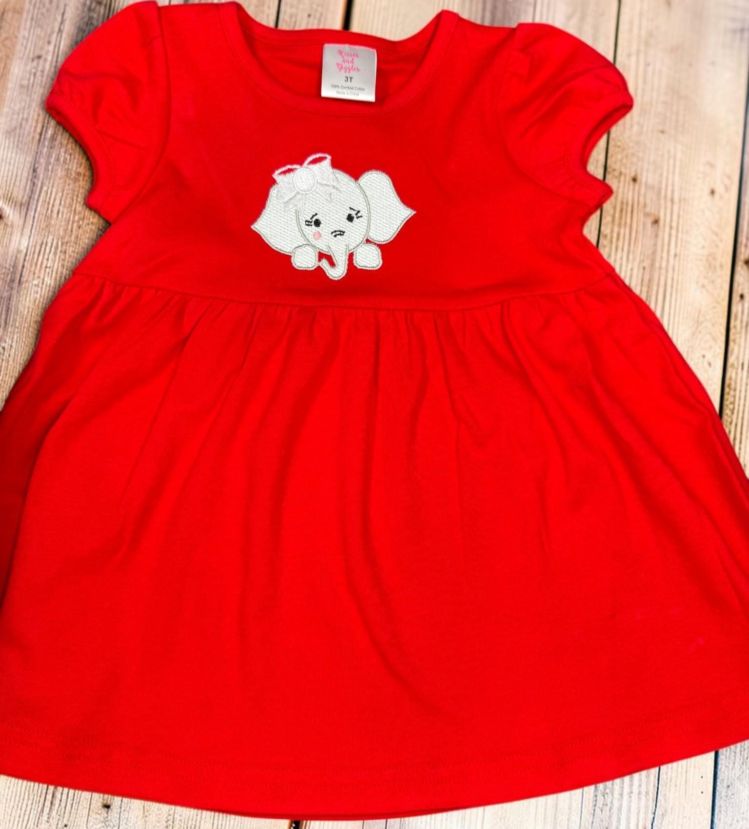 Girls Elephant Embroidered Tunic Dress | Red Cotton Game Day Outfit