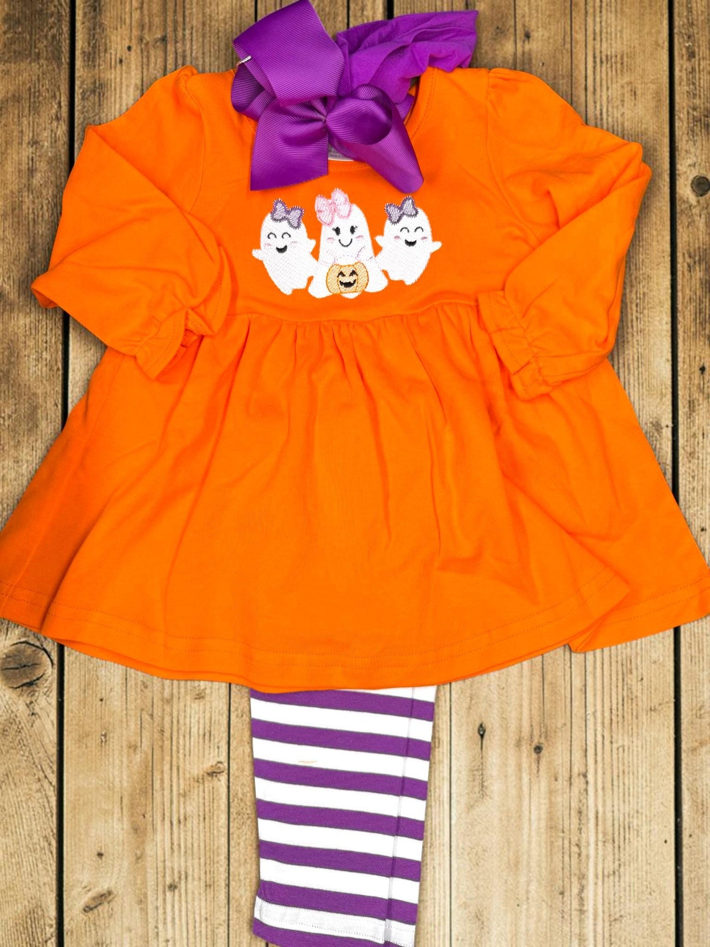 Girls Halloween Ghost Dress | Orange Embroidered Tunic | Toddler Halloween Outfit | Pumpkin Patch